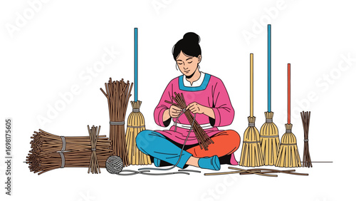 Artisan Craft: A woman diligently weaves a handmade broom, surrounded by raw materials and finished products, representing the traditional craft of broom making.