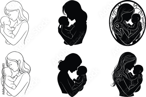 Mother and baby silhouette vectors, maternal love clipart, mom holding newborn baby illustrations, family care icons, motherhood graphics set