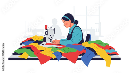 Crafting Seams: A focused individual skillfully operates a sewing machine, surrounded by vibrant fabric, embodying dedication to her craft.