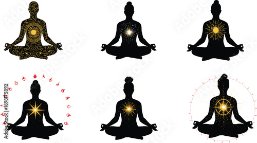 Meditating woman silhouette with glowing heart chakra energy, golden light radiance, spiritual enlightenment yoga pose, mindfulness healing vector set