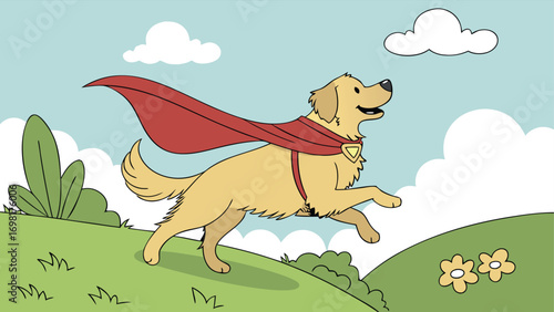 Adorable golden retriever superhero flying with cape, happy dog illustration in cartoon style