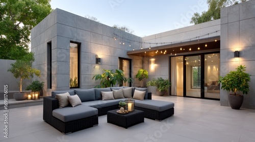 Modern patio with gray stone walls, comfortable seating, and string lights