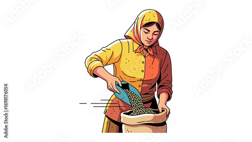 Harvest Harmony: Depicting a woman, dressed in traditional attire, as she carefully pours grains into a sack, encapsulating the essence of agricultural labor and the fulfillment of the harvest.