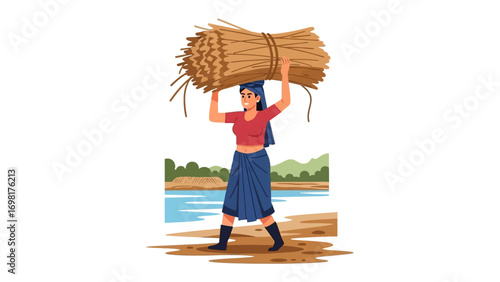 Woman Carrying Bundle of Straw: A woman demonstrates the timeless practice of carrying straw with strength and determination, symbolizing labor and a connection to the land.