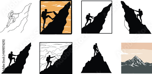 Mountain climbing silhouette vectors, rock climber clipart, adventure hiking illustrations, outdoor climbing icons, extreme sports vector set