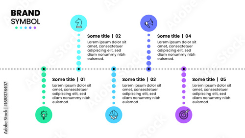 Infographic template. Horizontal line with bubbles and 5 steps