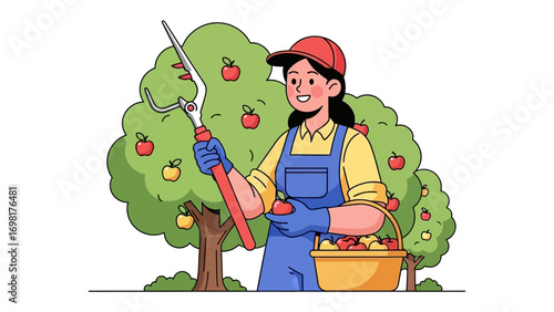 Apple Harvest: An agricultural worker picks ripe apples from a bountiful tree, surrounded by a lush orchard, symbolizing the harvest season and the fruits of labor.