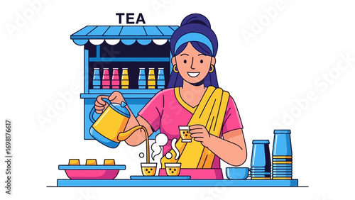 Tea Stall Scene: A vendor gracefully pours tea from a traditional kettle into delicate cups, capturing the essence of a serene tea stall setting. A celebration of a ritual tea experience.