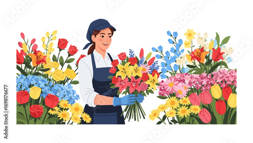 Blooming Artisan: A skilled florist arranges a vibrant bouquet amidst a colorful array of fresh blooms, embodying the artistry and passion of floral design.