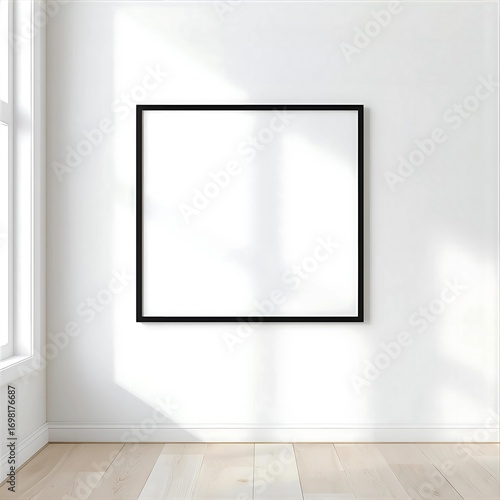 Minimal Black Square Frame Mockup on White Wall with Wooden Floor and Sunlight