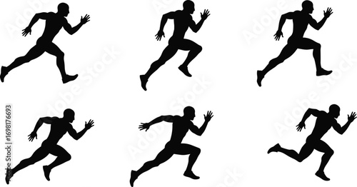 Running man silhouette vector set, sprint poses, athlete motion, fitness exercise, sports training action, track runner illustration pack