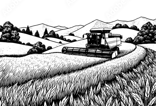 Vintage woodcut of a combine harvester in a hilly landscape, in black and white