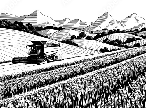 Combine harvester in a vintage woodcut style, in black and white, symbolizing agriculture and the harvest season