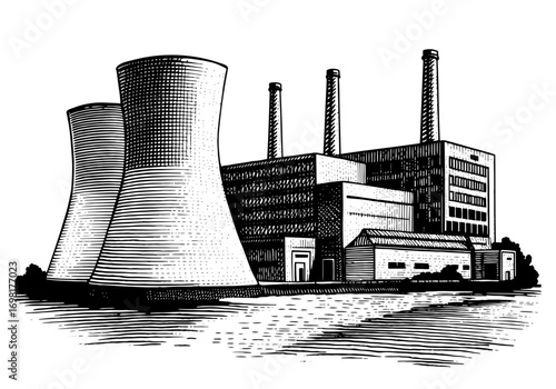 Vintage woodcut illustration of a power plant in black and white, representing industrial energy production