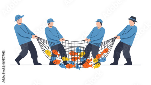 Pulling The Net: Four fishermen haul a vibrant net teeming with diverse fish, the scene painted in a clean, modern aesthetic. Capturing teamwork and the bounty of the sea