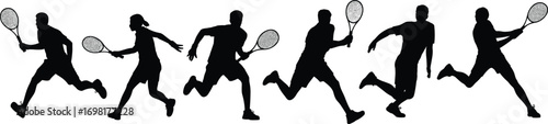Tennis player silhouettes set, sports action vector illustration, men and women playing tennis, athletic movement, racket sport clipart