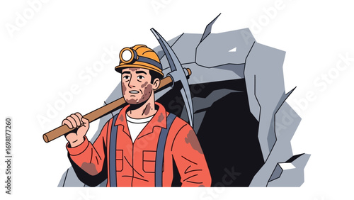 Determined Miner: A determined miner stands ready, pickaxe in hand, a beacon of perseverance against the rugged backdrop of a mine, ready for the tough work.