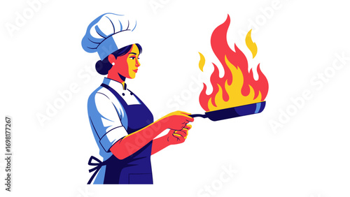 Culinary Flair: A chef expertly handles a flaming pan, showcasing culinary artistry and passion within a kitchen environment.