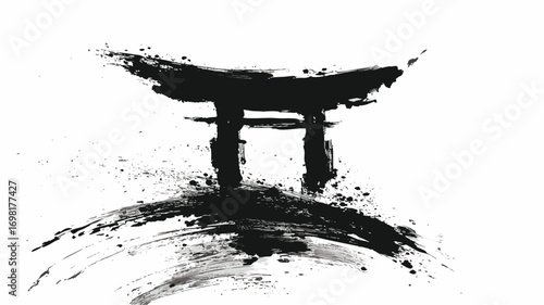 Japanese torii gate ink brush painting with grunge splatter art style on white background