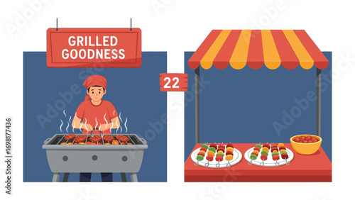 Grilled Goodness: A vibrant illustration showcasing the culinary delight of grilled food. Featuring a chef at work and a tempting display.