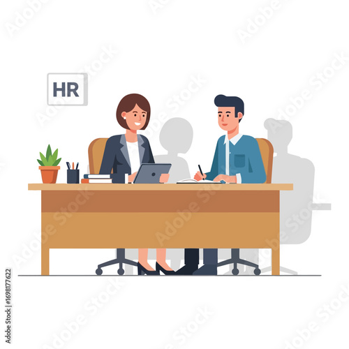 Vector art of hr manager interviewing a candidate at a desk