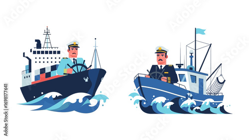 Nautical Navigators: Two vessels, a cargo ship and fishing boat, navigate the waves, each helmed by a captain, embodying maritime leadership.