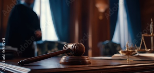 Wallpaper Mural The Gavel on a Wooden Bench with Scales of Justice in Courtroom Torontodigital.ca