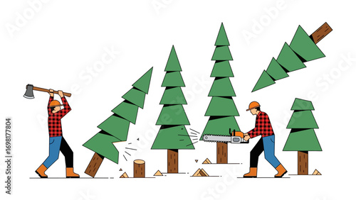 Lumberjack's task: A depiction of a lumberjack is actively chopping down trees