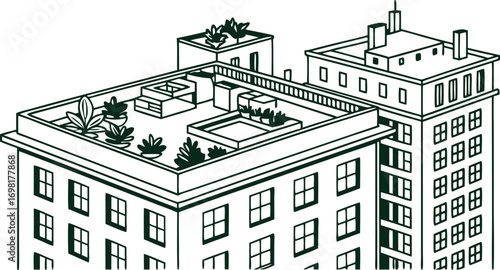 Unique rooftop garden design on modern building for urban living and green architecture trend