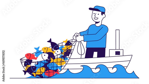 Fishing Harvest: A determined fisherman skillfully hauls a bountiful catch of colorful fish aboard a vessel, epitomizing the culmination of a successful day's work at sea.