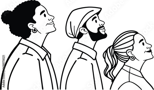Diverse group looks upwards with hope, optimism, and shared vision for the future ahead
