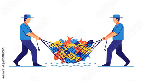 Catch of the Day: Two fishermen haul a net bursting with a colorful array of fish, a testament to their skilled collaboration and a bountiful catch.