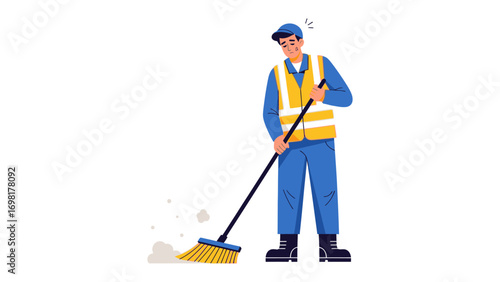 Sweeping the Street: An Illustration of a diligent city worker focused on cleaning and maintaining cleanliness in a vibrant urban environment.