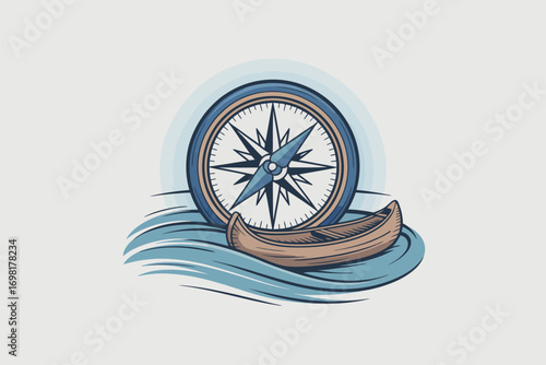 Illustration of a compass behind a canoe floating on water with a light gray background color