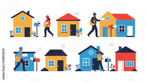 Postal delivery and house: A cheerful postal worker diligently delivers mail to a row of colorful homes, symbolizing communication and connection within the community.