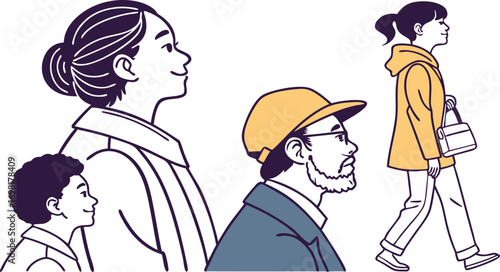 Diverse people walking, family members, generations together, community connection illustration