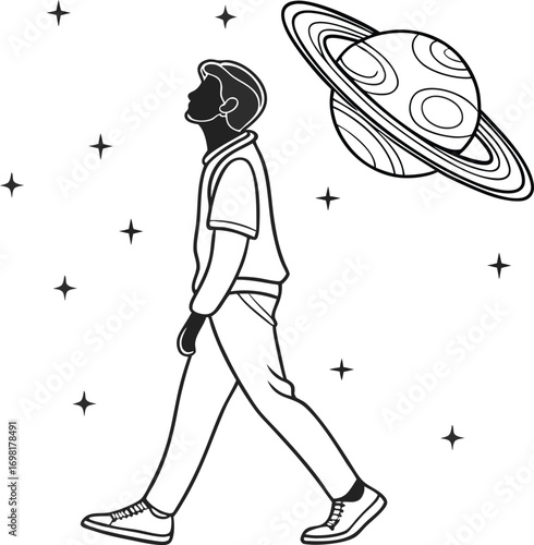 Dreamy astronaut walking among stars with Saturn, ready for space exploration and adventure