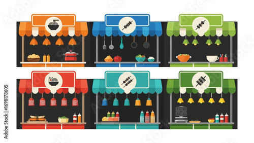 Vibrant Culinary Marketplace: A charming, illustrated view of a bustling street food market, showcasing a variety of stalls filled with culinary delights.