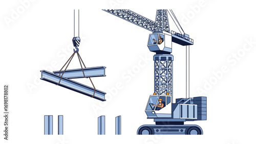Construction Crane Lifting: A robust construction crane meticulously lifts heavy steel beams. The image captures the essence of construction, progress, and engineering. 