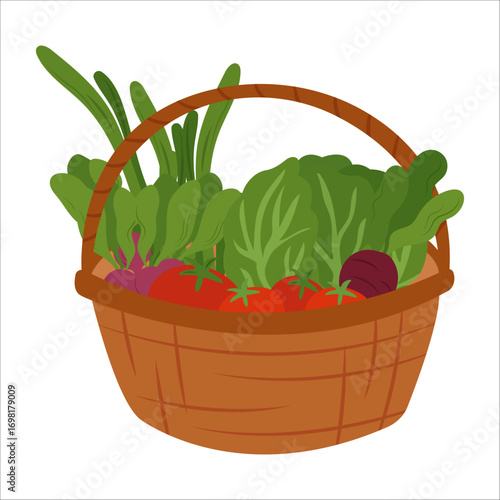 Simple flat vegetables in basket. Colorful autumn harvest of pumpkin zucchini eggplant cucumber potato onion pepper radish tomato cabbage corn carrot for healthy and vegetarian food design.