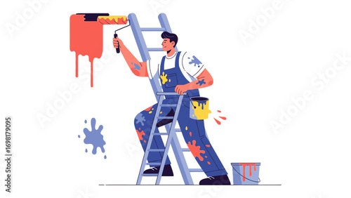Painting a New Vision: A skilled painter is meticulously applying fresh coat of paint with a roller on a wall, showcasing the essence of home improvement and artistic creation.