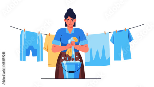 Laundry Day Chore: A woman diligently hand-washes clothing with a bucket and clothesline in a brightly lit setting, a scene that represents daily household tasks.