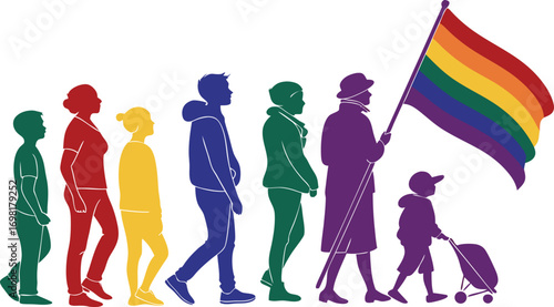 Diverse group marching for equality, waving rainbow flag, celebrating pride and community spirit