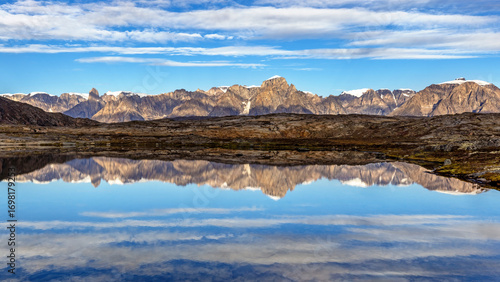 Panoramic mirror reflection of the mountain range at Bear Islands, Northeast Greenland National Park, with the Grundtvigskirken mountain peak to the left. In Ofjord, Scoresby Sund, Greenland