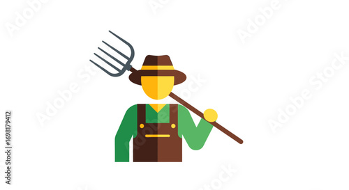 Vector illustration of a farmer character holding a pitchfork. Flat design icon representing agriculture, organic farming, and rural work