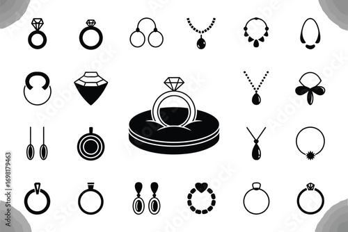Elegant collection of diverse jewelry icons, showcasing rings, necklaces, and earrings