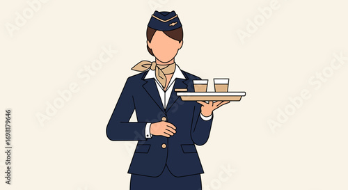 Female flight attendant in uniform offering professional hospitality service while holding a tray of drinks