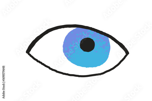 Icon of eye with blue color. Doodle eyeball. Abstract symbol of gaze, stare. Sign of vision, sight, eyesight. Emoji of observing. Flat isolated hand drawn vector illustration on white background