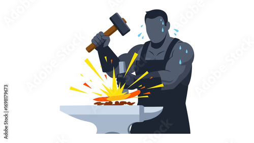 Forge of Dedication: A blacksmith, engulfed in sparks, expertly hammers a glowing piece of metal on an anvil, embodying the artistry and resilience of industry. 
