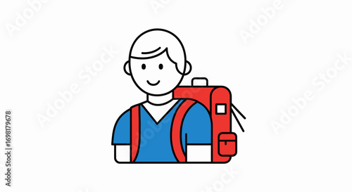 Minimalist line art illustration of a happy student boy with a red backpack. Vector icon for education, learning, and back to school concepts